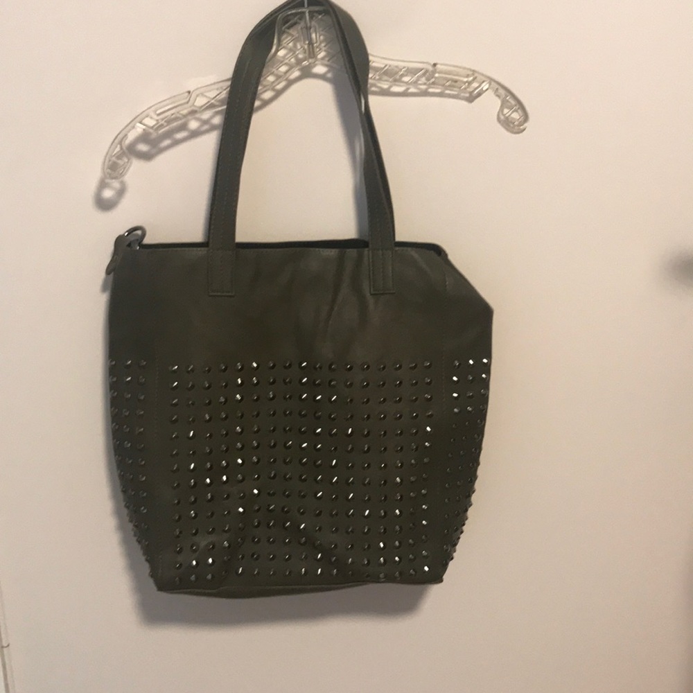 Green studded tote bag